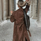 Double Breasted Lapel Shift Coat with Belt Fashion Vintage Suede Long Coat Winter Outwear Women'S Clothing