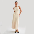 Elegant Knitted Sleeveless Dress with Single Breast Fashion Slim round Neck Long Dresses Womens Clothing