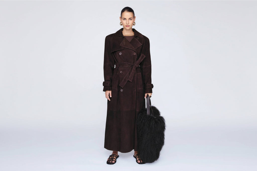 Double Breasted Lapel Shift Coat with Belt Fashion Vintage Suede Long Coat Winter Outwear Women'S Clothing