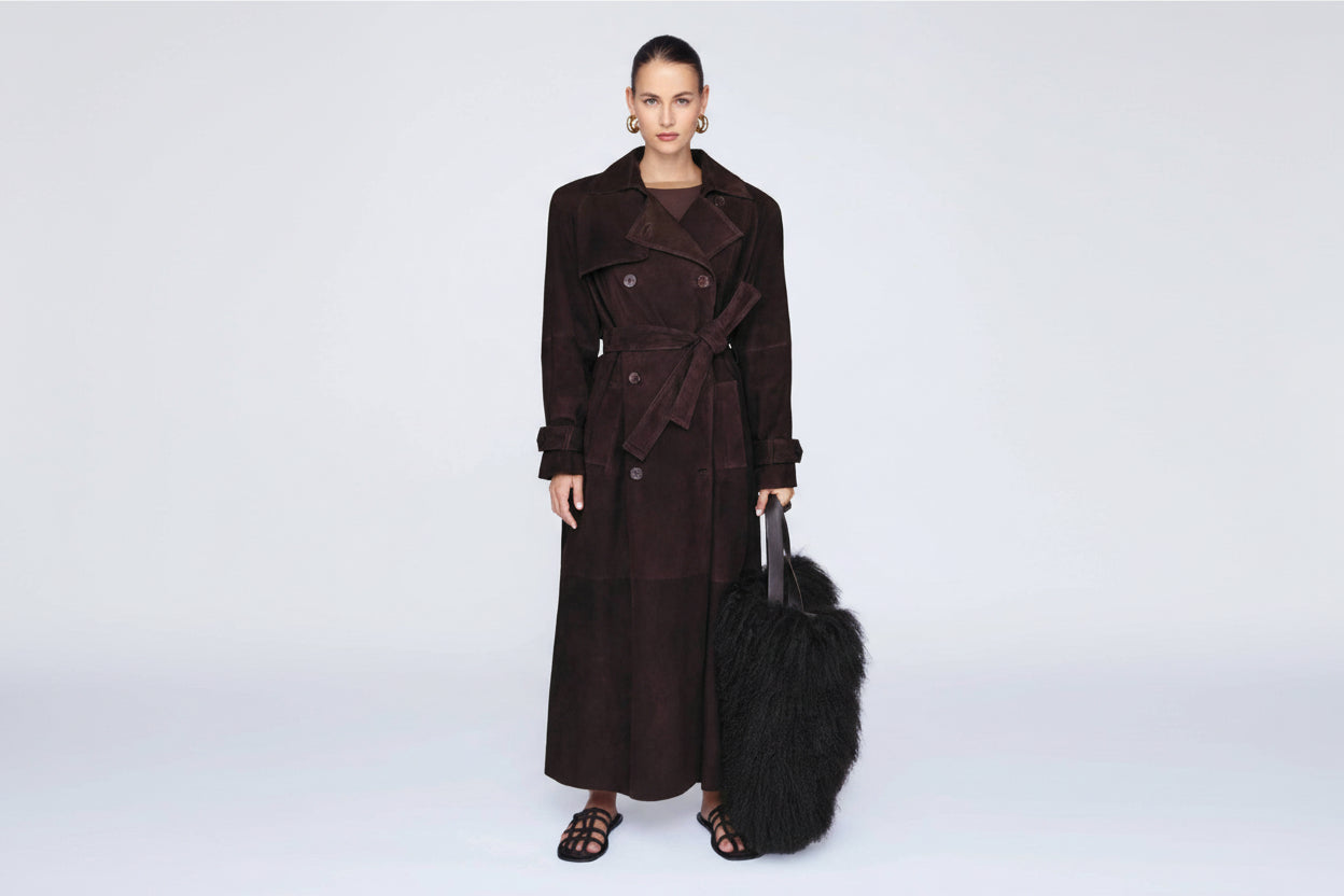Double Breasted Lapel Shift Coat with Belt Fashion Vintage Suede Long Coat Winter Outwear Women'S Clothing