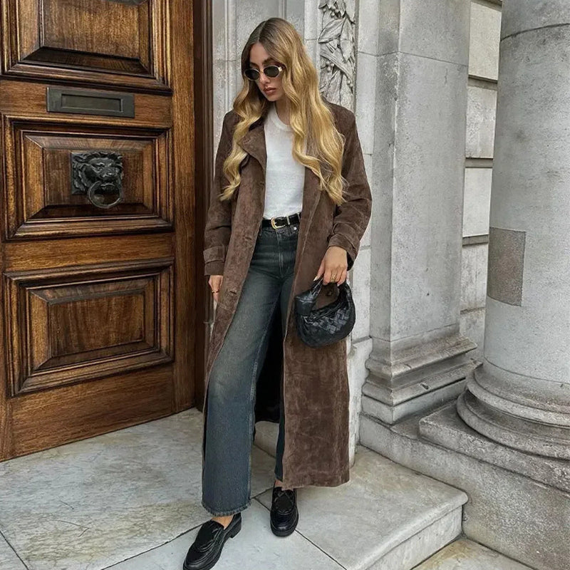 Double Breasted Lapel Shift Coat with Belt Fashion Vintage Suede Long Coat Winter Outwear Women'S Clothing